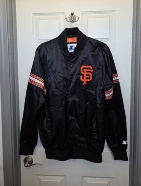 STARTER Black Satin SF Giants Bomber Jacket with Orange Accents
